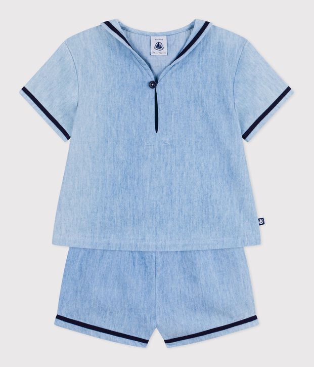 Babies' 2-piece set in chambray including a T-shirt with a sailor collar blue
