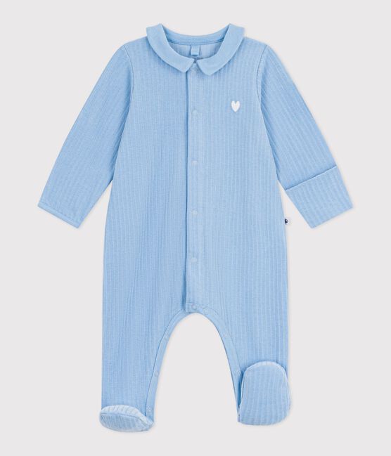 Babies' plain velour pyjama suit with a collar FLO blue