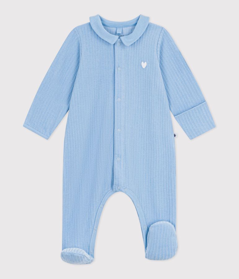 Babies' plain velour pyjama suit with a collar blue