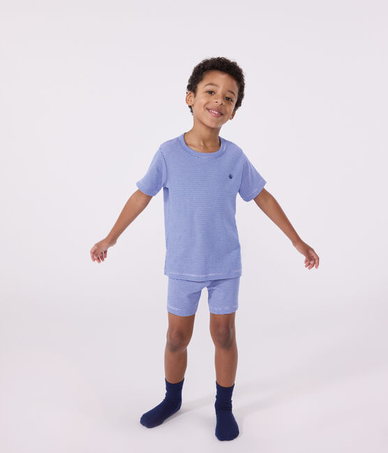 Children's short stripy cotton pyjamas PERSE blue/MARSHMALLOW white