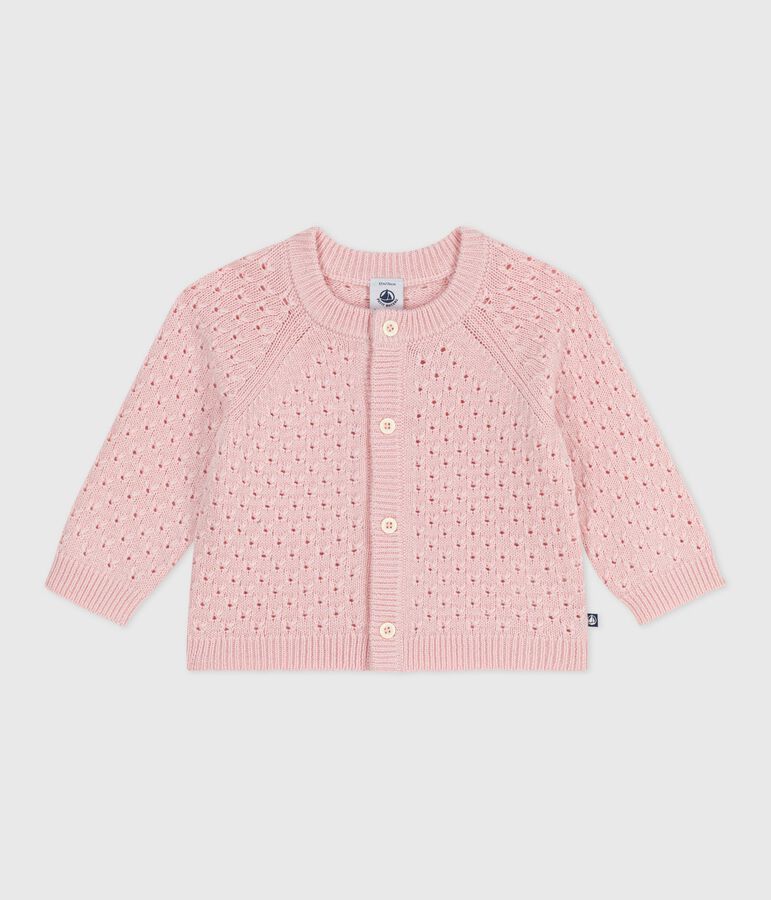 Babies' plain wool and cotton knit cardigan pink