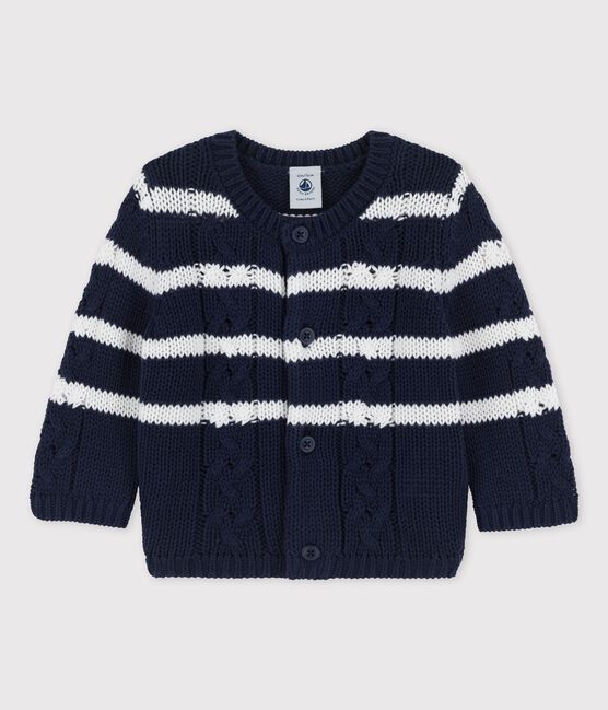 Babies' Cable Knit Cardigan SMOKING blue/MARSHMALLOW white