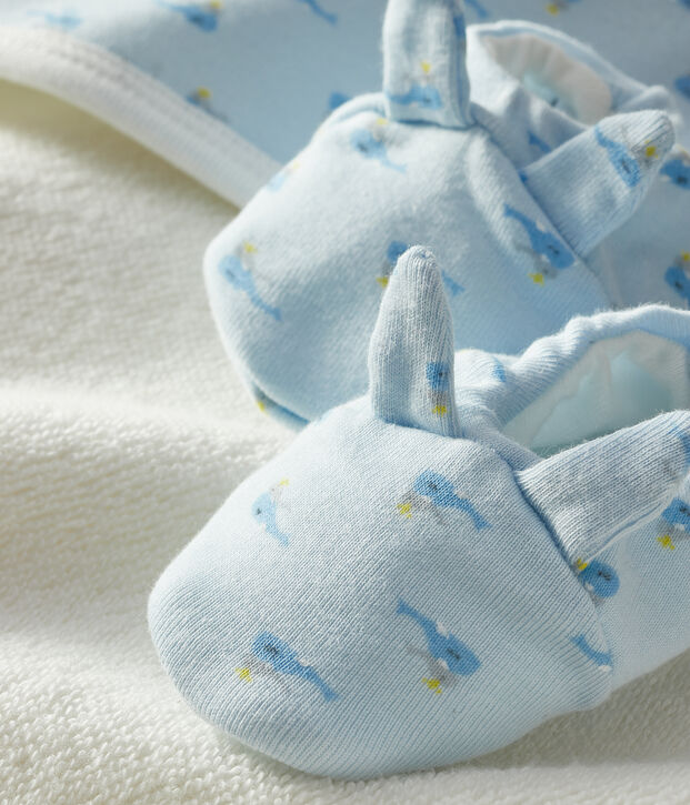 Babies' Square Bath Towel and Bootees Set in Terry and Rib Knit blue/multicolor