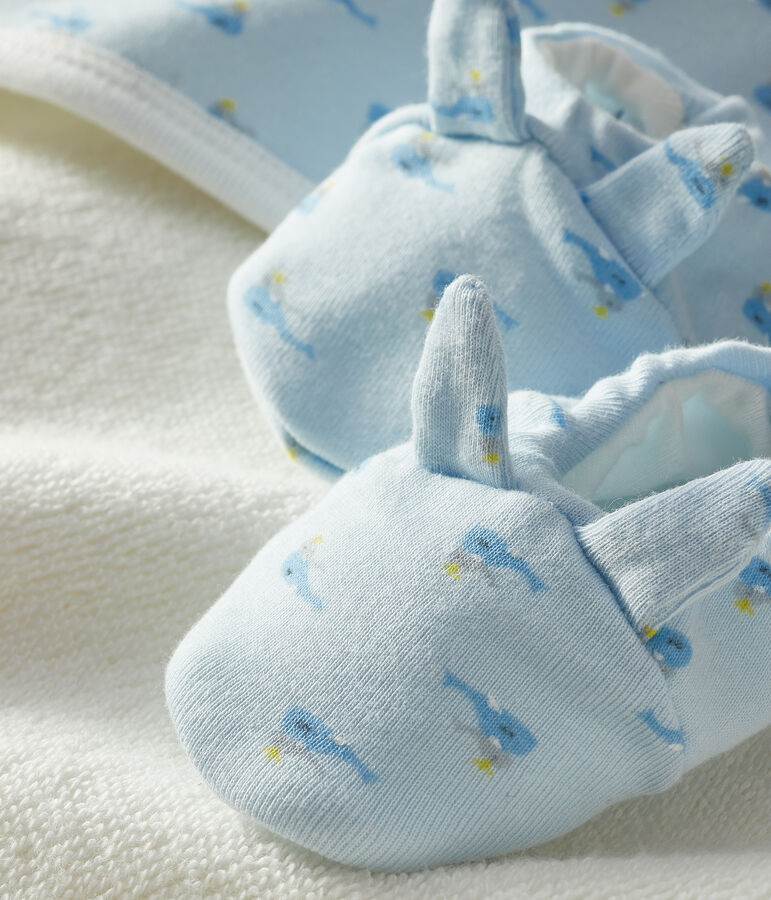 Babies' Square Bath Towel and Bootees Set in Terry and Rib Knit FRAICHEUR blue/MULTICO white