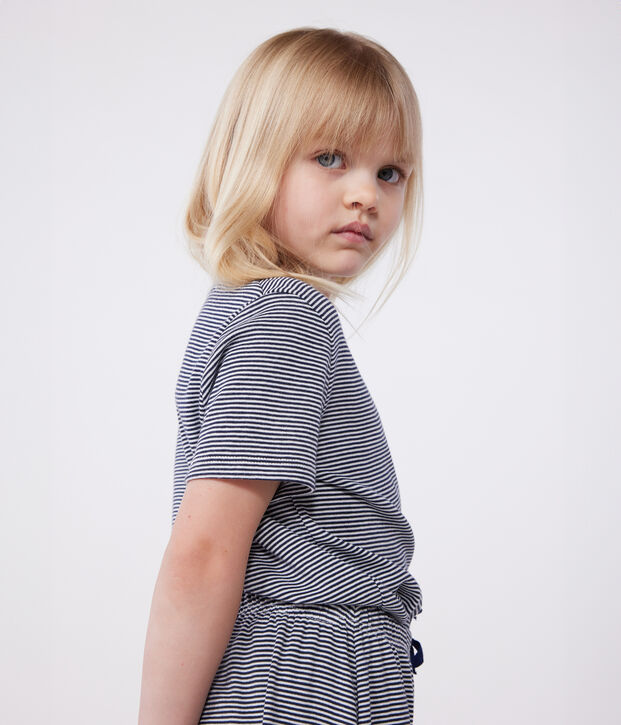 Children's cotton pyjamas with short sleeves and wide stripy legs blue/white