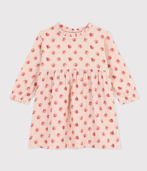 Babies' Long-Sleeved Cotton Gauze Dress SALINE pink/MULTICO white