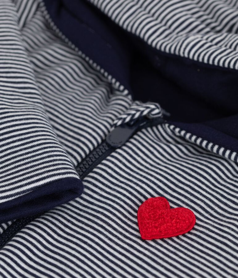 Babies' stripy padded jumpsuit with a hood and feet SMOKING blue/MARSHMALLOW white