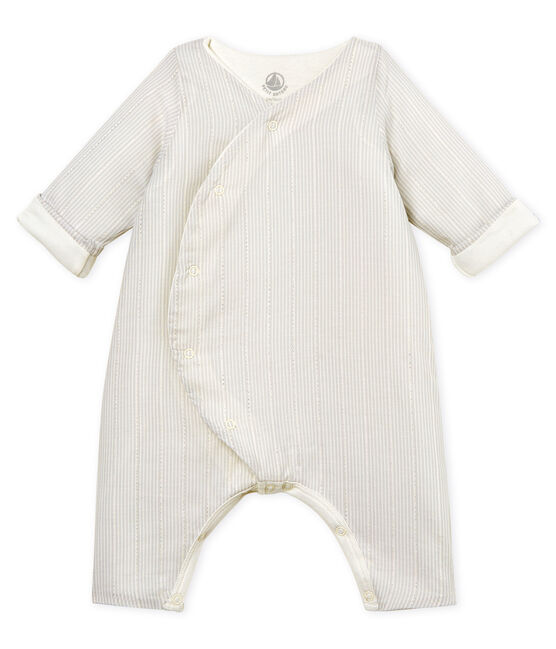 Baby boys' striped long jumpsuit MARSHMALLOW white/PERLIN beige
