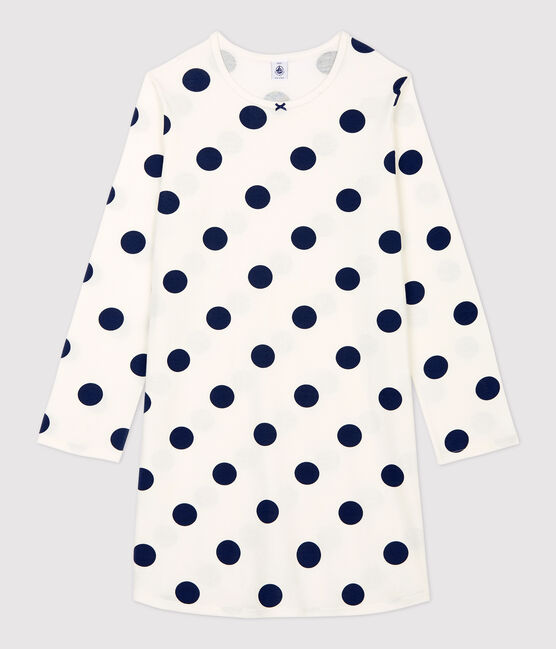 Girls' Dot Pattern Organic Cotton Nightdress MARSHMALLOW white/MEDIEVAL blue