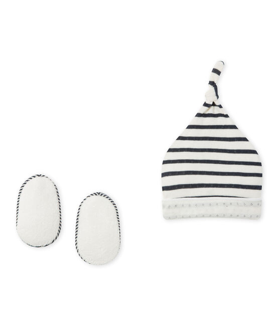 Newborn baby's beanie cap and booties set COQUILLE beige/SMOKING blue