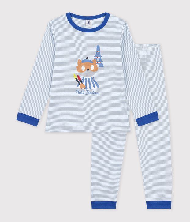 Children's stripy cotton pyjamas blue/white