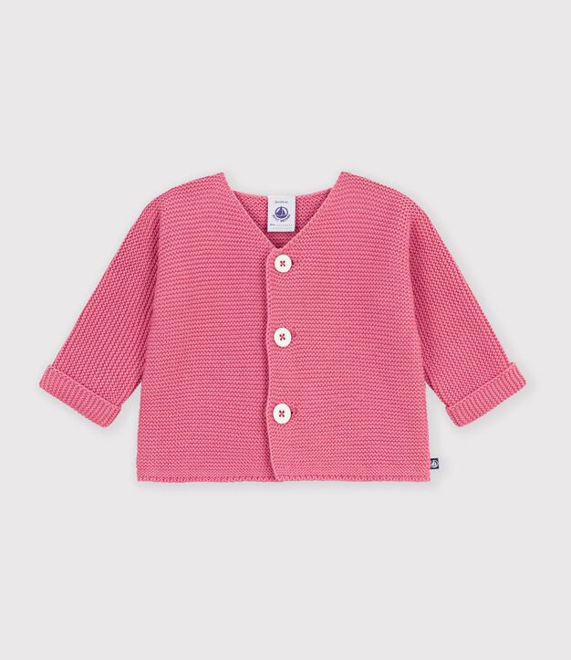 Baby cardigan knitted in garter stitch in plain cotton pink