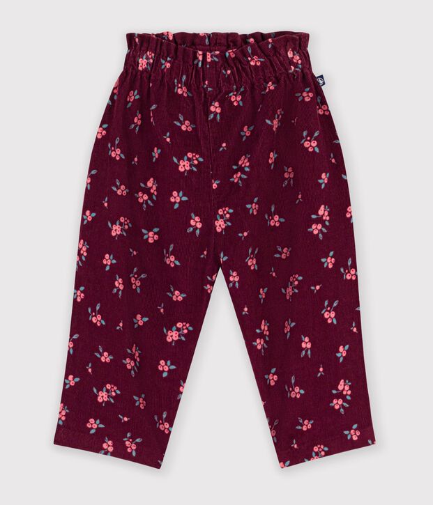 Babies' corduroy trousers printed with flowers red/multicolor