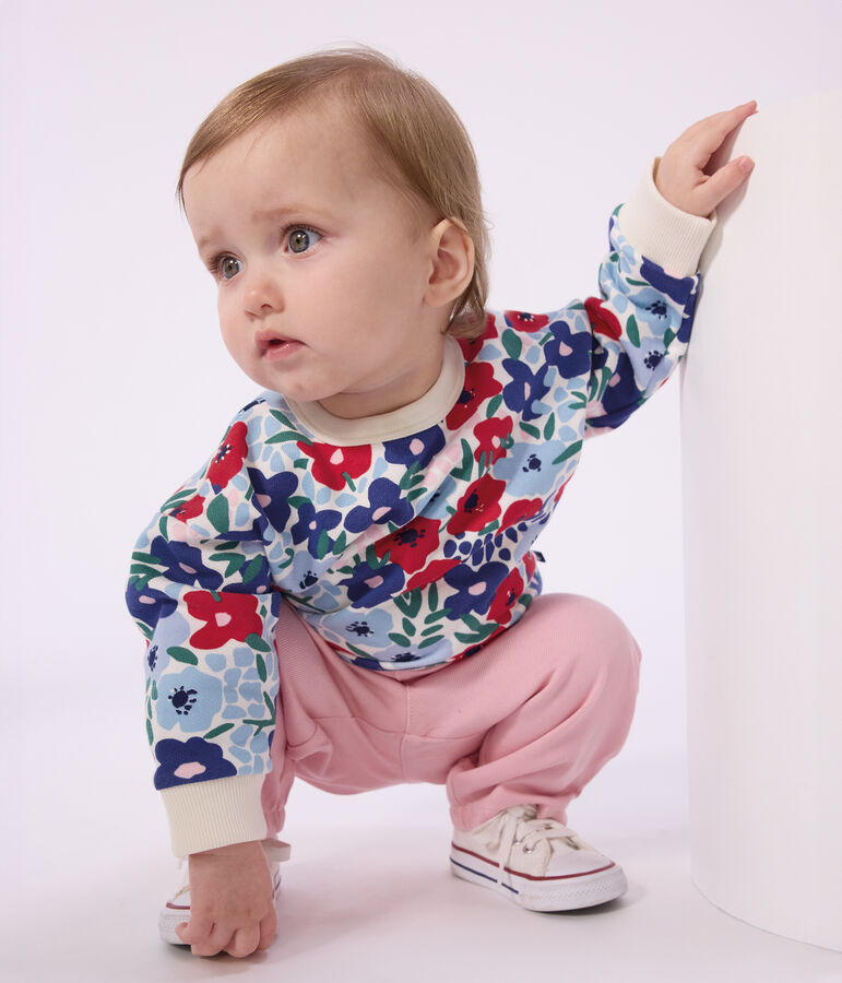 Babies' flower-print cotton hooded sweatshirt white/multicolor