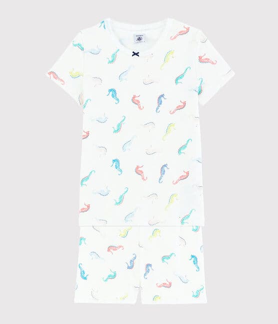 Girls' Seahorse Print Cotton Short Pyjamas MARSHMALLOW white/MULTICO white