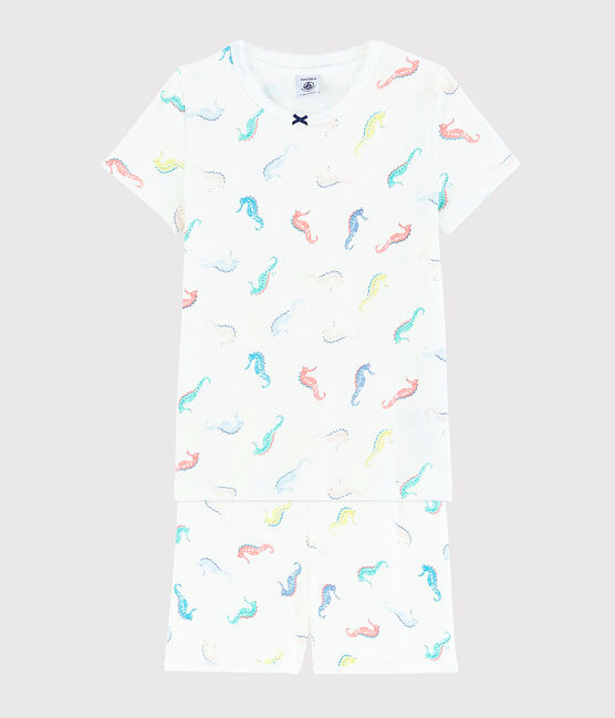 Girls' Seahorse Print Cotton Short Pyjamas MARSHMALLOW white/MULTICO white