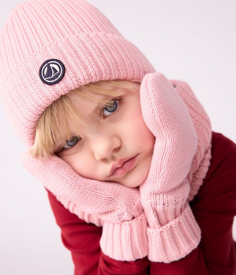 Children's knitted beanie hat lined in polar fleece pink