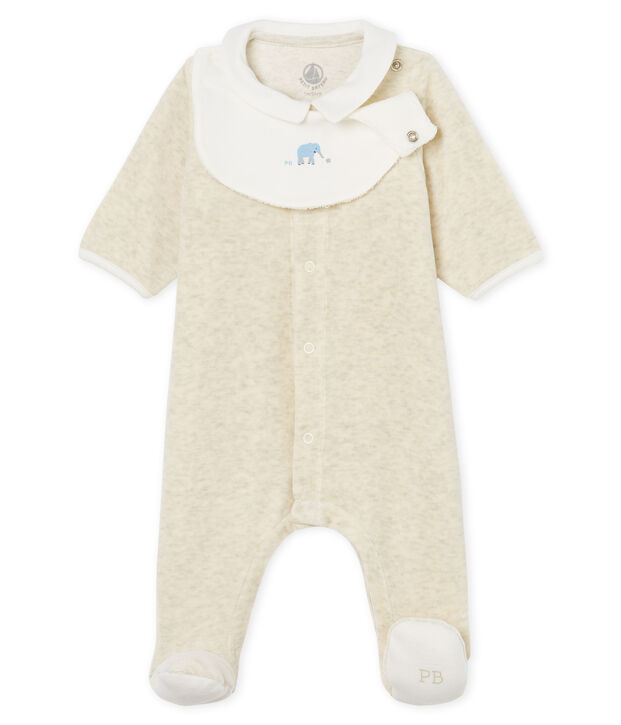 Unisex baby sleepsuit and bib in cotton velour beige