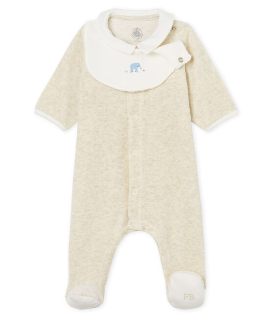Unisex baby sleepsuit and bib in cotton velour MONTELIMAR CHINE beige