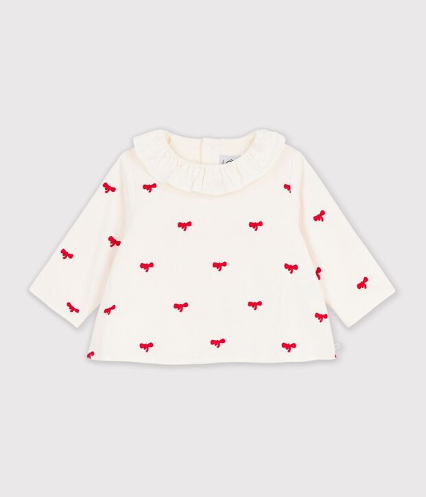 Babies' blouse in velour embroidered with a bow motif Ecru/red