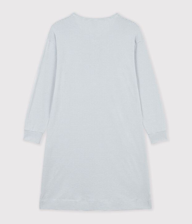 Women's nightdress in stripy cotton with a grandad neckline grey/white