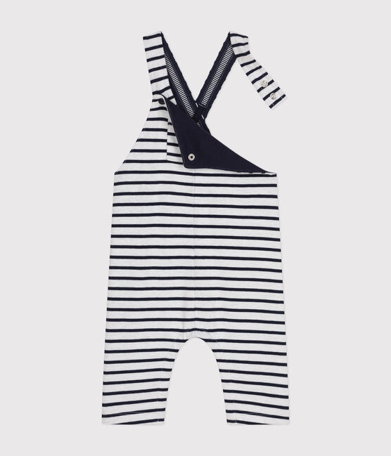 Babies' Thick Stripy Jersey Long Dungarees MARSHMALLOW white/SMOKING blue