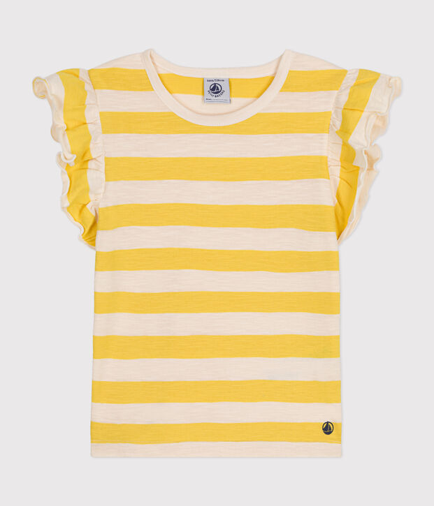 Girls' Stripy Slub Jersey T-shirt yellow/ecru