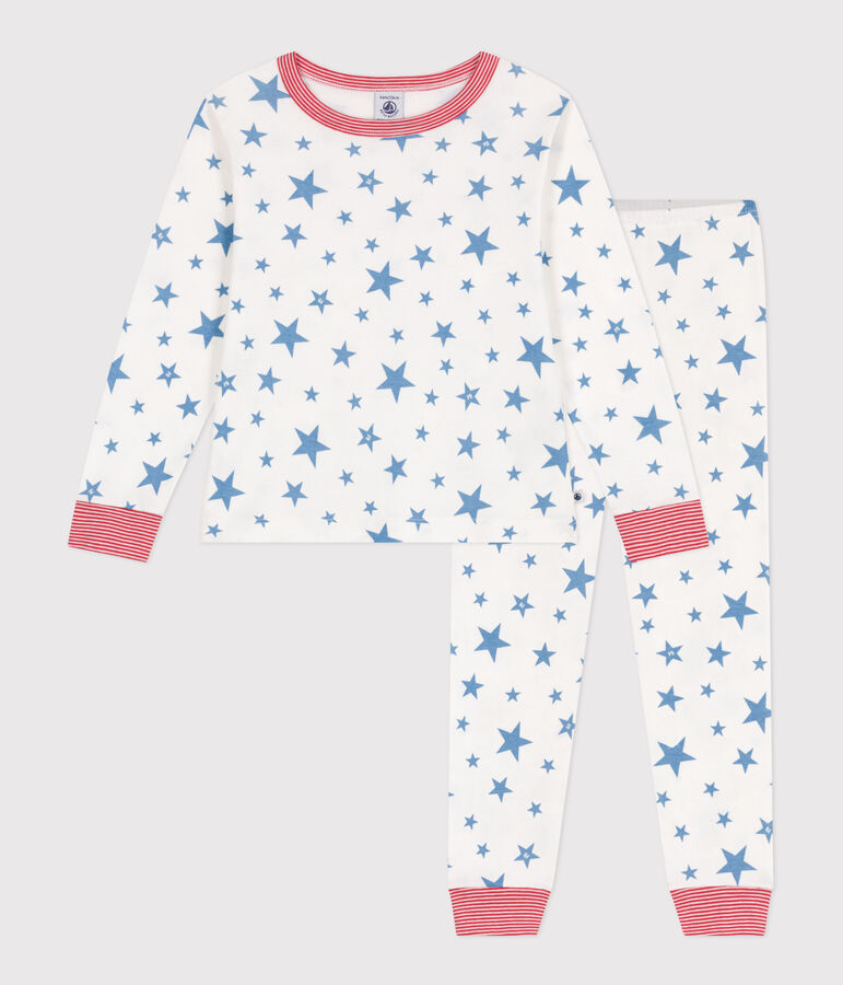 Children's star print cotton pyjamas MARSHMALLOW white/ALASKA blue