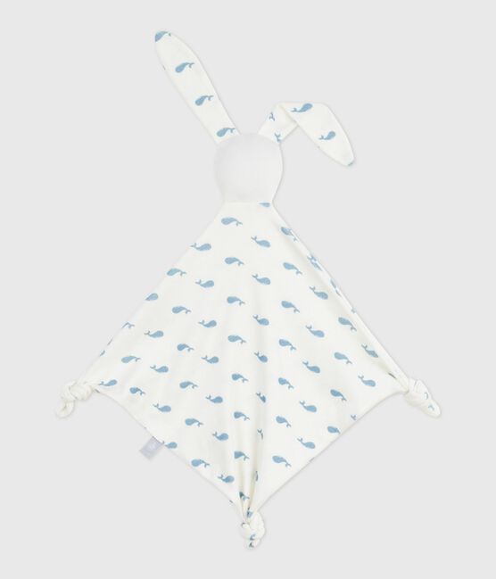 Babies' whale-print cotton comforter MARSHMALLOW /ADRIATIC