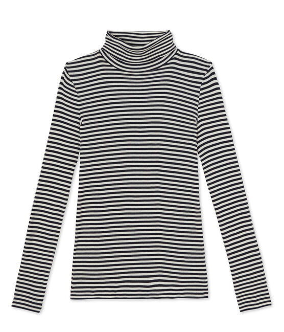 Women's striped undersweater in ultra light cotton SMOKING blue/COQUILLE beige