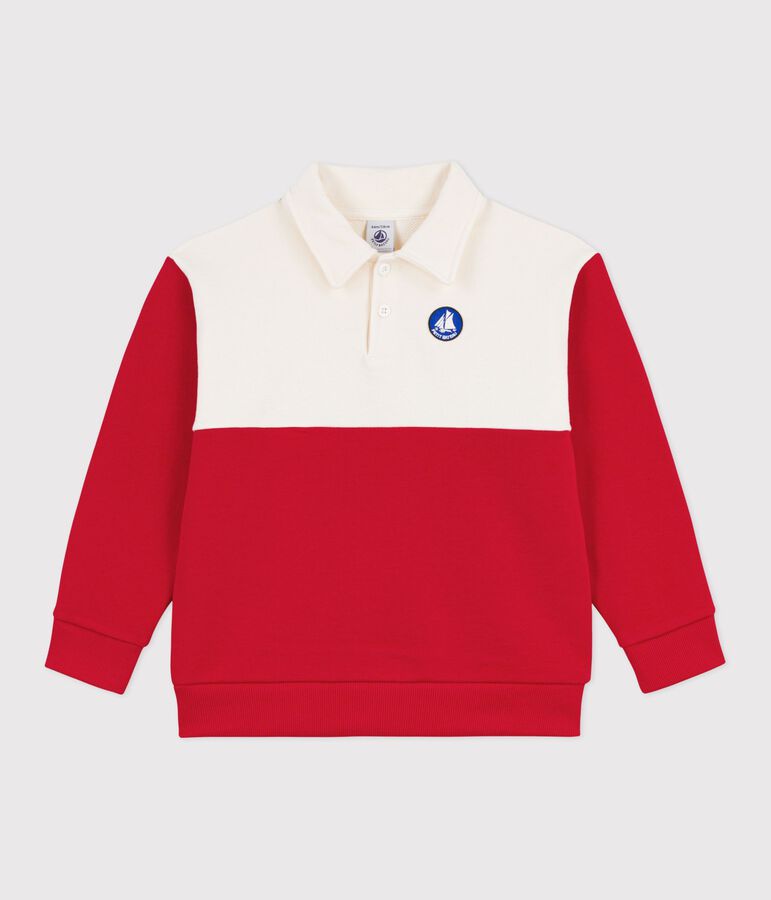 Children's polo-style cotton sweatshirt Ecru/red