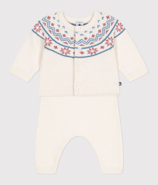 Babies' 2-piece knitted outfit with a jacquard knit cardigan MARSHMALLOW white/CHARME pink