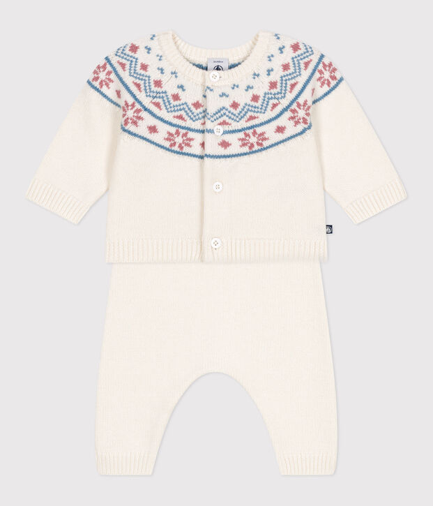 Babies' 2-piece knitted outfit with a jacquard knit cardigan white/pink