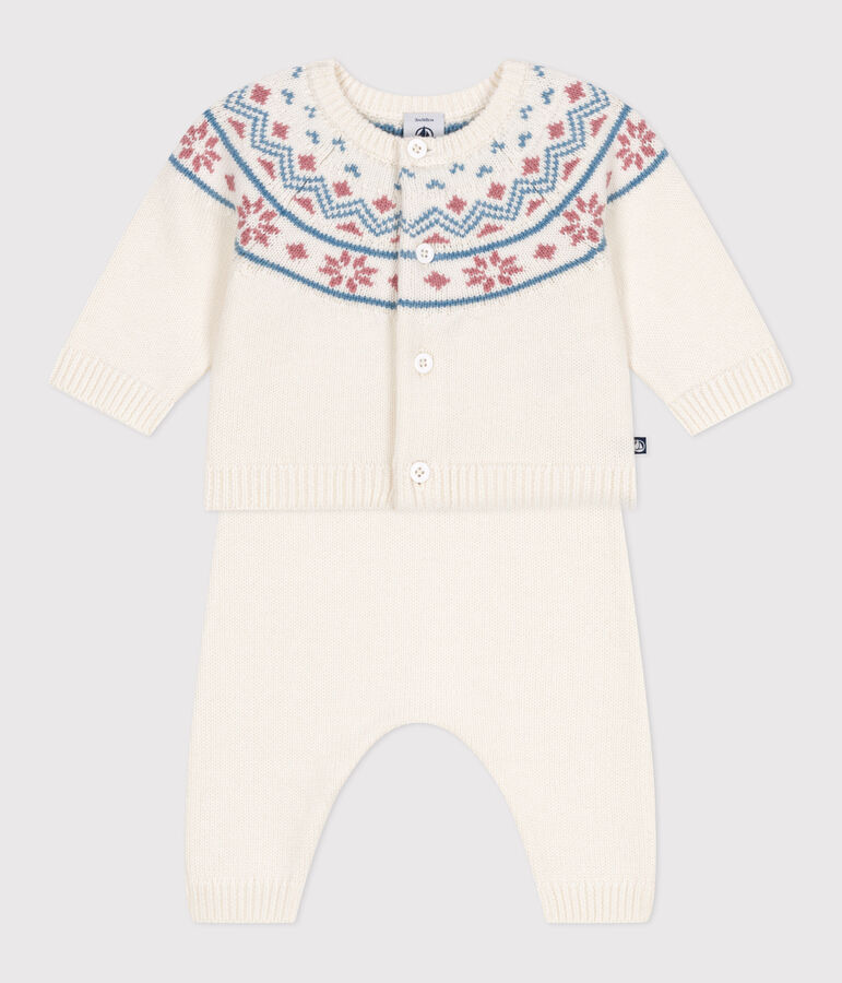 Babies' 2-piece knitted outfit with a jacquard knit cardigan white/pink