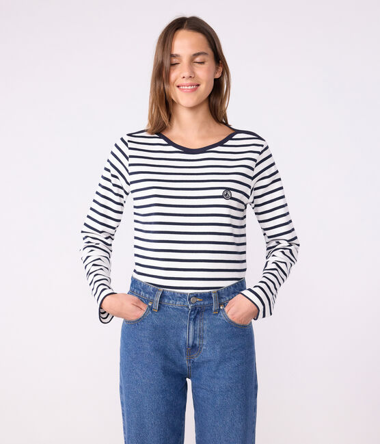 Women's long-sleeved cotton Breton top MARSHMALLOW white/SMOKING blue