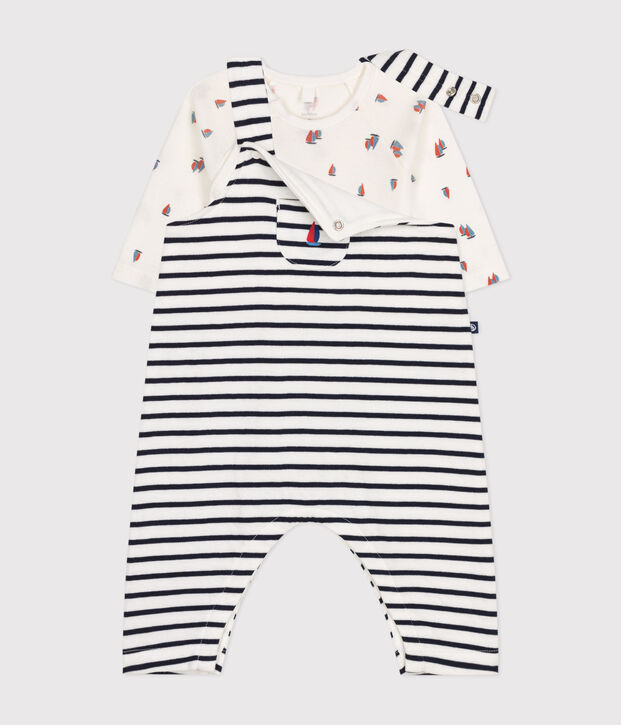 Babies' cotton dungarees and bodysuit set white/blue