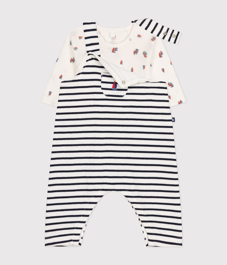 Babies' cotton dungarees and bodysuit set MARSHMALLOW white/SMOKING blue