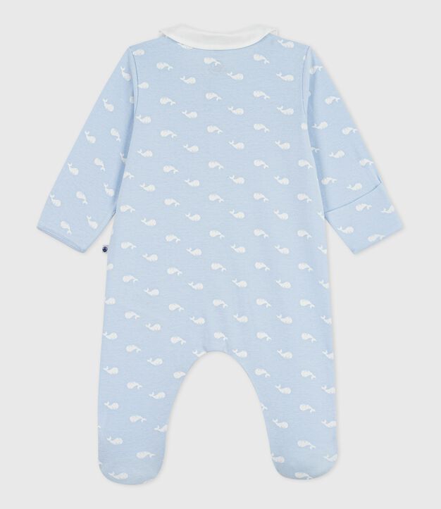 Babies' whale print cotton pyjama suit with a collar blue/white