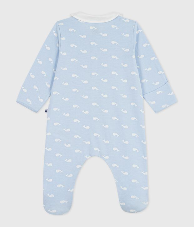 Babies' whale print cotton pyjama suit with a collar blue/white