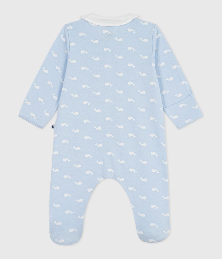 Babies' whale print cotton pyjama suit with a collar blue/white