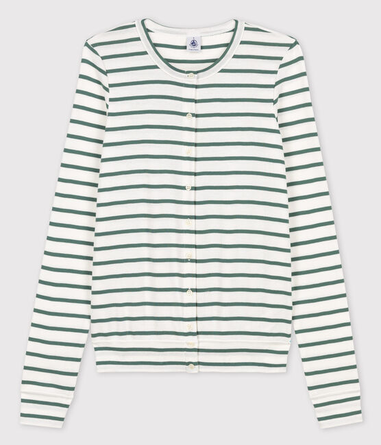 Women's Iconic Striped Cotton Cardigan MARSHMALLOW white/VALLEE green