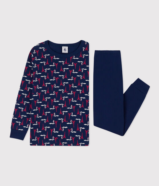 Children's unisex cotton Paris print pyjamas MEDIEVAL blue/MULTICO white