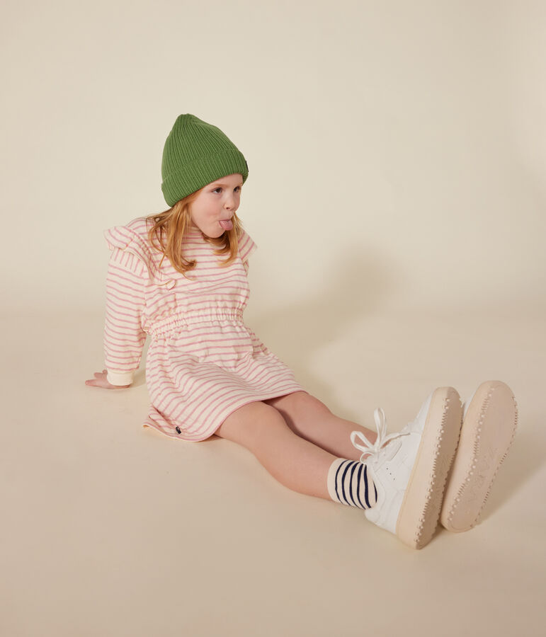 Girls' long-sleeved tube knit dress Ecru/pink