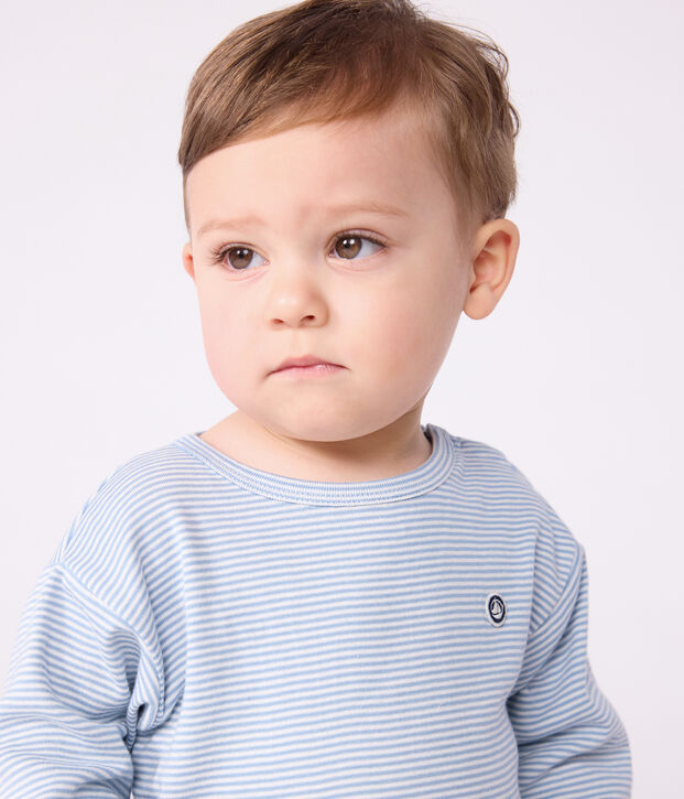Babies' long-sleeved stripy cotton T-Shirt blue/white