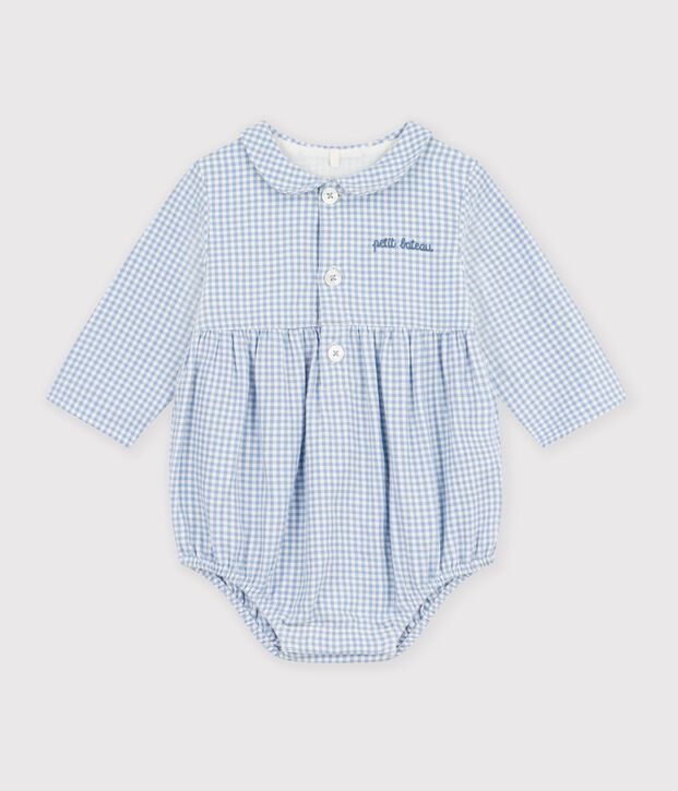 Babies' short cotton jumpsuit with a gingham collar blue/white