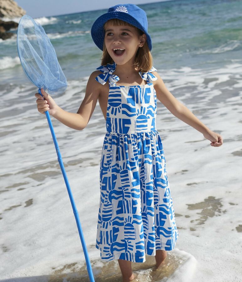 Children's long strappy dress in printed cotton white/blue