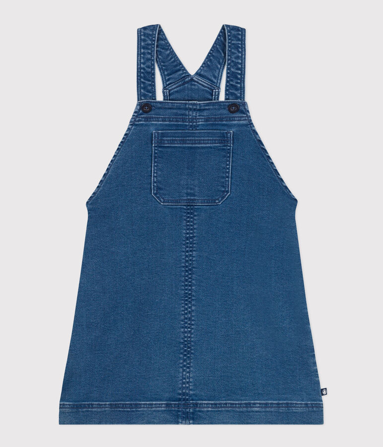 Girls' denim effect fleece dungaree dress blue