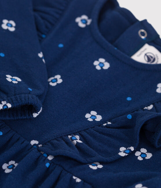Babies' long sleeved floral print cotton dress MEDIEVAL blue/MULTICO white