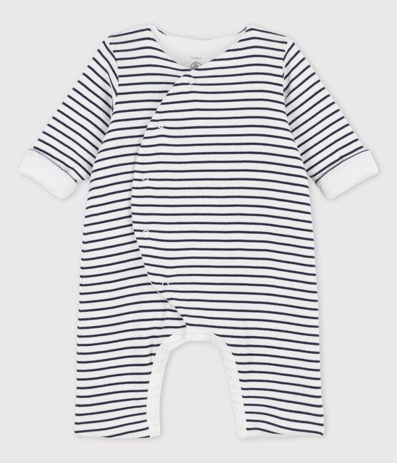 Babies' Striped Organic Cotton Long Playsuit MARSHMALLOW white/SMOKING blue