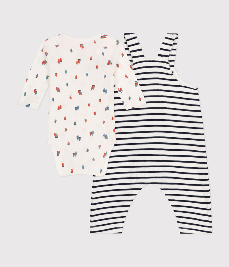 Babies' cotton dungarees and bodysuit set MARSHMALLOW white/SMOKING blue